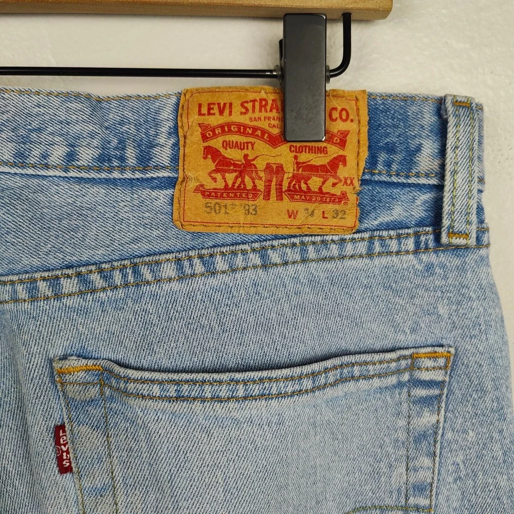 Levis 501 93 Jeans Mens 34x32 Distressed Light‎ Wash Denim Preppy Classic